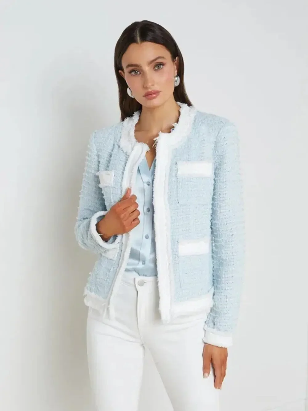 L'AGENCE Agnes Tweed Denim Jacket XS Ice Blue White $525 Quiet Luxury